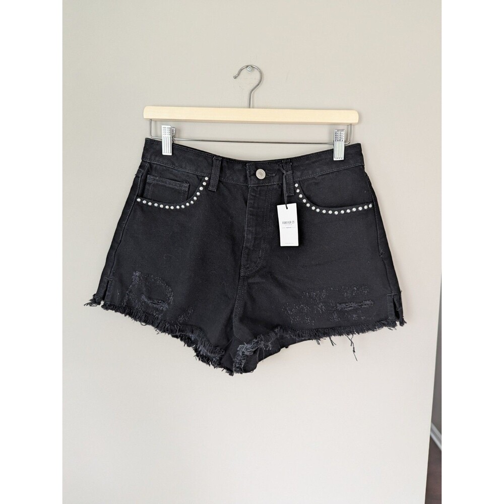 Forever 21 Premium NWT Black Studded Denim Distressed 100% Cotton Shorts Size 28